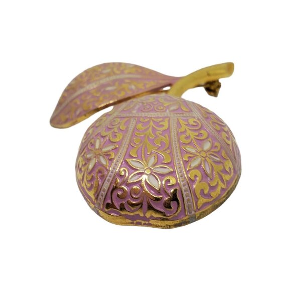 Vintage Estate Pink Enamel Damascene Cherry Brooch Gold Tone 2 1/8" Fruit Pin - Picture 3 of 9